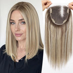 Full Hand Tied Hair Toppers for Women Remy Human Hair Lace Front Topper 14 Inch 6"×6" Partial wig Cover Thinning Hair or Loss No Bangs Top Hair Pieces (Ombre Brown Mix Platinum)