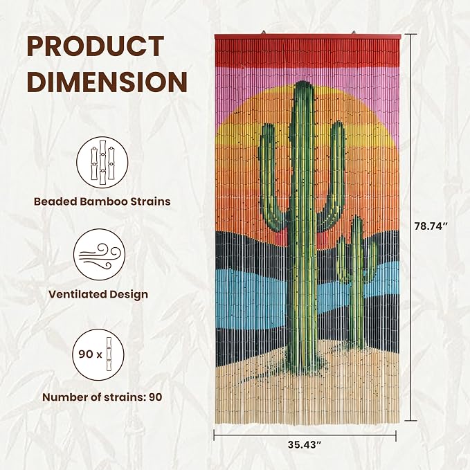Cactus Beaded Bamboo Curtain for Doorways 35.4" x 78.7" | 90-strand bead curtain - Image 2
