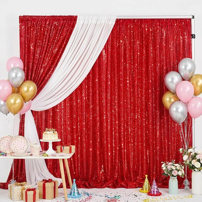 Red Sequin Backdrop Curtains 2 Pcs 3.3ftx8ft Sparkle Backdrop Fabric | Glitter by B-COOL