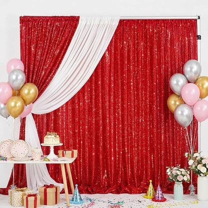 Red Sequin Backdrop Curtains 2 Pcs 3.3ftx8ft Sparkle Backdrop Fabric | Glitter by B-COOL