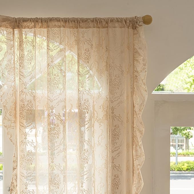 Deeprove Beige Lace Curtains 84 inches Length 2 Panels Set - Image 3
