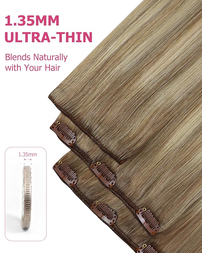 YoungSee Clip in Hair Extensions Real Human Hair Light Brown Balayage Clip in Extensions Light Brown Ombre Blonde Highlights Dyable Hair Extension Clip ins for Women 20Inch 7Pcs 120G