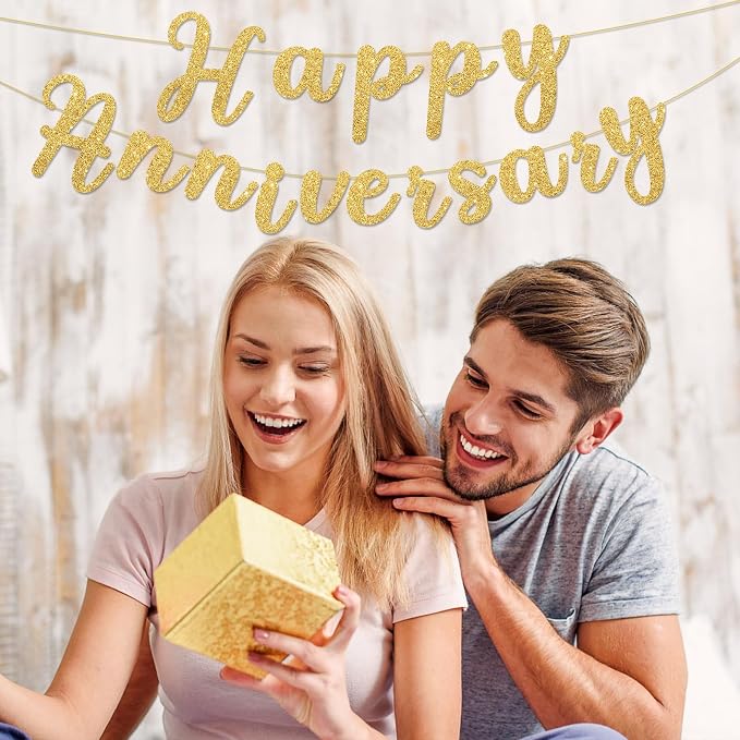 Happy Anniversary Banner Sign Gold Glitter Wedding Bunting Banner Flag Garland - Image 5