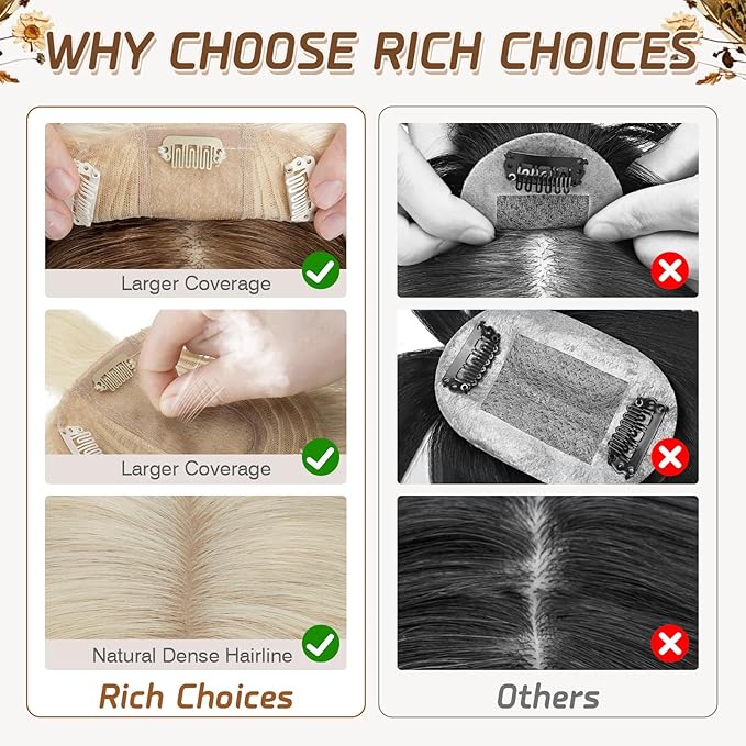 Rich Choices Real Human Hair Topper for Women With Bang - 100% Remy Hair for Thinning Hair, Clip in Silk Base, 10 Inch #60 Platinum Blonde