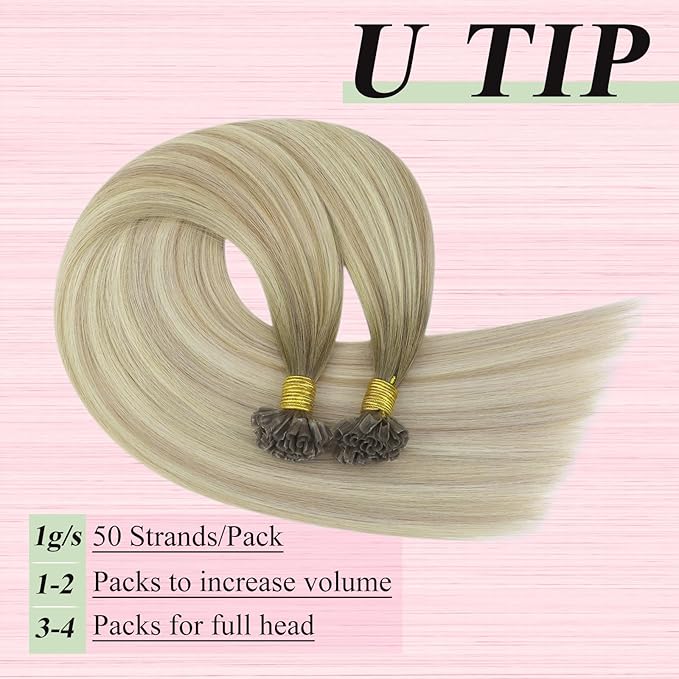 YoungSee U Tip Hair Extensions Real Human Hair Ash Blonde Ombre Blonde Balayage UTip Remy Hair Extensions 14In 50G/50S