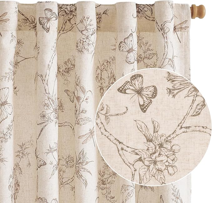 Taupe Floral Linen Lined Curtains Rod Pocket 50W X 63L 2 Panels | Charlotte by Lazzzy