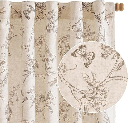 Taupe Floral Linen Lined Curtains Rod Pocket 50W X 63L 2 Panels | Charlotte by Lazzzy