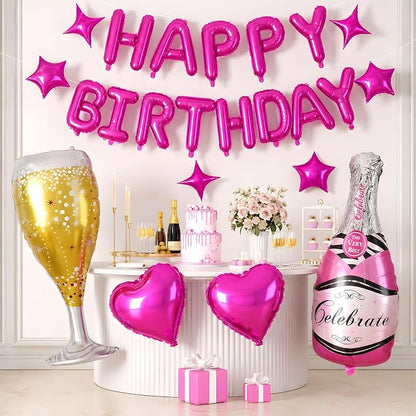 Hot Pink Happy Birthday Balloons Banner, Star Heart Balloons, Champagne Bottle - Image 7