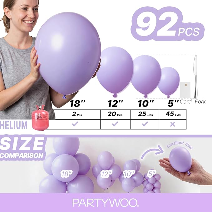 PartyWoo Lavender Balloons 92pcs Different Sizes Pack of 18 12 10 5 Inch Light - Image 6