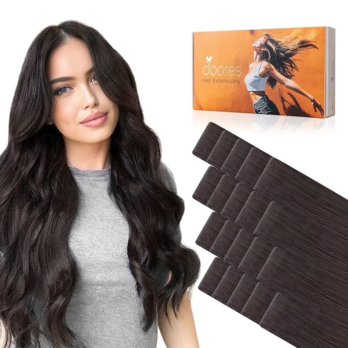 DOORES Invisible Hair Extensions Real Human Hair Tape in Invisi Edge, Dark Brown 10 Injection Tape-ins with 10 Injection Tape-ins 50g 22 Inch, Injected Tape in Extensions Human