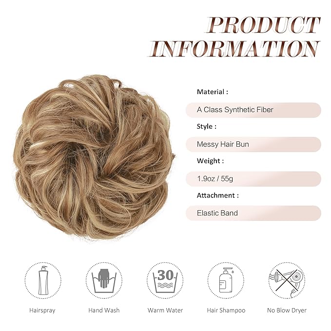 FESHFEN Messy Bun Hair Piece - Large Elastic Wavy Curly Hair Bun Scrunchies Ponytail Extensions Synthetic Chignon Hairpieces for Women, Light Brown & Mixed Blonde 1.94oz