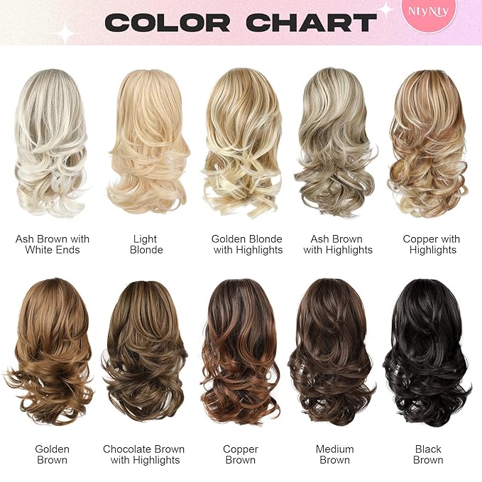 Ponytail Extension - 14" Claw Clip in Ponytail Hair Extensions Natural Soft Synthetic Layered Wavy Pony Tail Hair Pieces for Women - Ash Brown with White Ends
