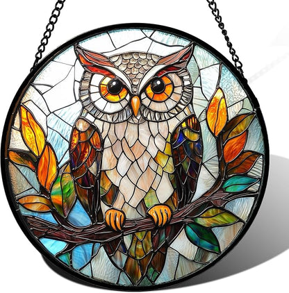 DASTOLL Stained Glass Window Hanging, Owl Colorful Leaves Birds Sun Catchers by DASTOLL