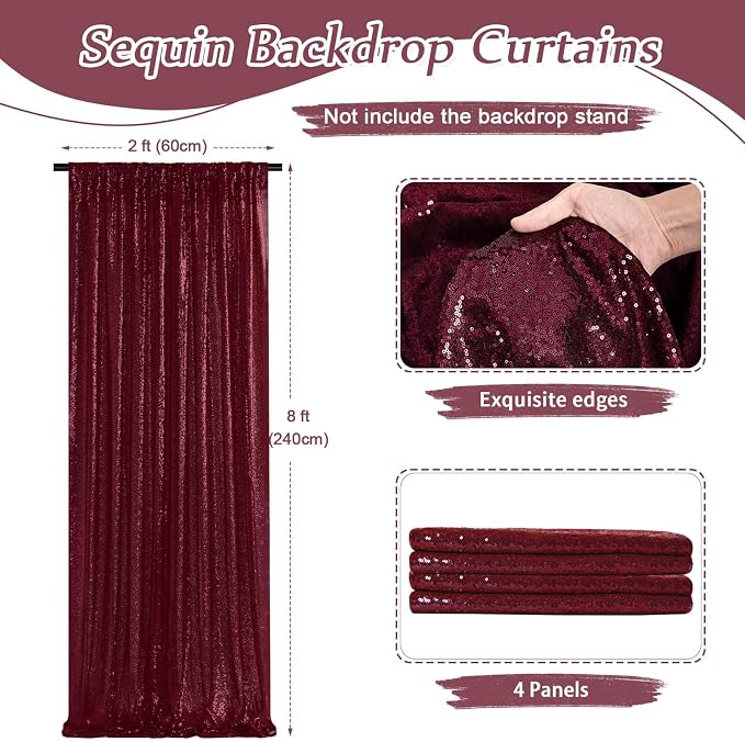 Burgundy Sequin Backdrop 4 Pcs 2ftx8ft Glitter Backdrop Curtains Birthday Party - Image 3