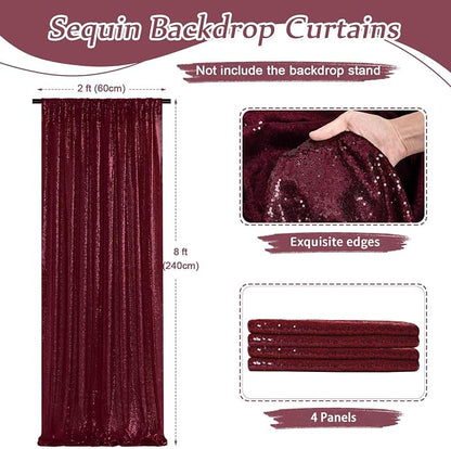 Burgundy Sequin Backdrop 4 Pcs 2ftx8ft Glitter Backdrop Curtains Birthday Party - Image 3