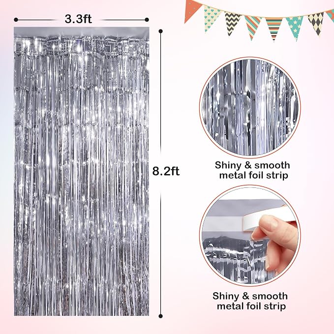 Silver Metallic Tinsel Foil Fringe Curtains, 4 Pack 3.3x8.3 Feet Streamer - Image 2