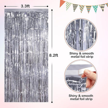Silver Metallic Tinsel Foil Fringe Curtains, 2 Pack 3.3x8.3 Feet Party Streamer - Image 2