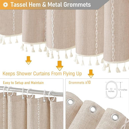 60 x 84 Boho Linen Heavy Duty Cloth Shower Curtain Set, Tan/Taupe | Narrow Long - Image 5