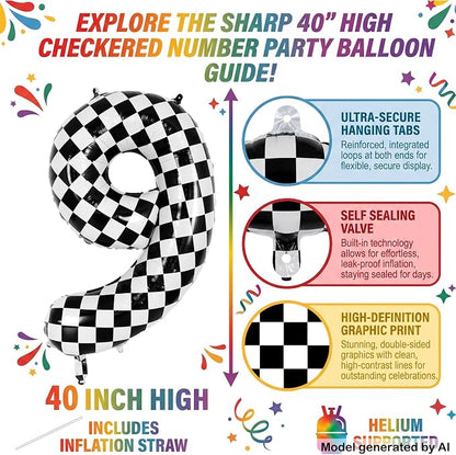 40" Checkered Number 9 Balloon for 9th Race Theme Birthday Party Supplies | 40 - Image 2