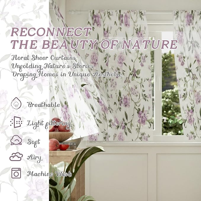 Sheer Curtains 45 Inch Length 2 Panels Set, Lavender Floral Patterned Linen - Image 2