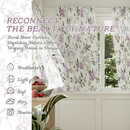 Sheer Curtains 54 Inch Length 2 Panels Set, Lavender Floral Patterned Linen - Image 2