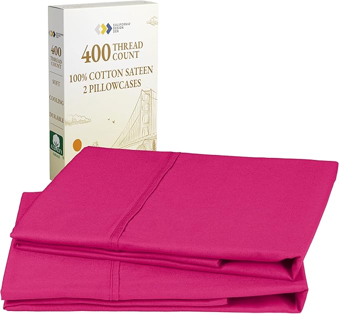 California Design Den King Size Pillowcases Set of 2-400 Thread Count Sateen, Natural 100% Cotton King Size Pillows Cases, Soft, Roomy and Breathable - Hot Pink