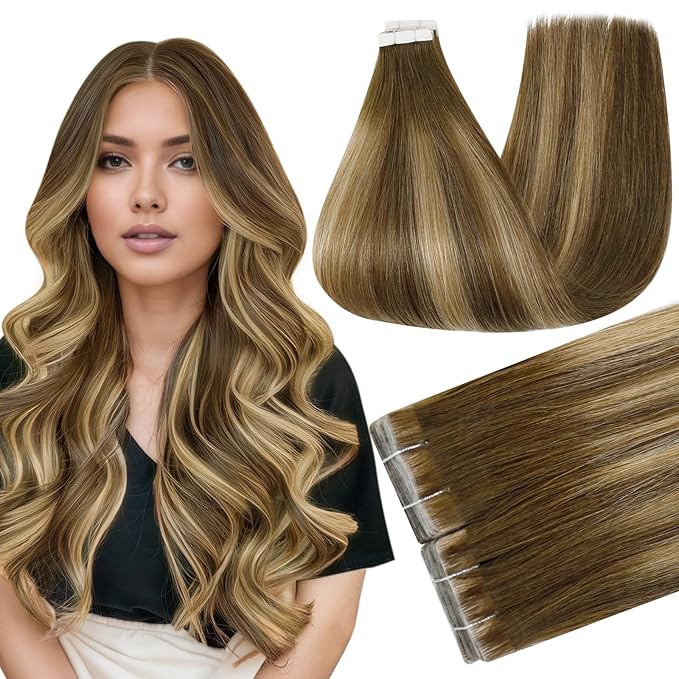 Full Shine Tape in Human Hair Extensions Color 4 Medium Brown Ombre 24 Blonde And 4 Injected Remy Tape in Extensions Cuticles Aligned Travel Friendly Styling Natural 24Inch 50G 20Pcs