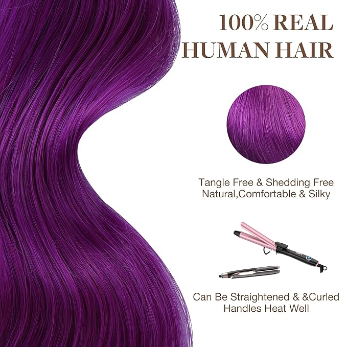 GOO GOO Tape in Hair Extensions Human Hair, Purple, 16inch 25g 10pcs, Colored Tape ins Human Hair Extensions, Silky&Soft Invisible Tape Ins, Hair Highlighted for Party