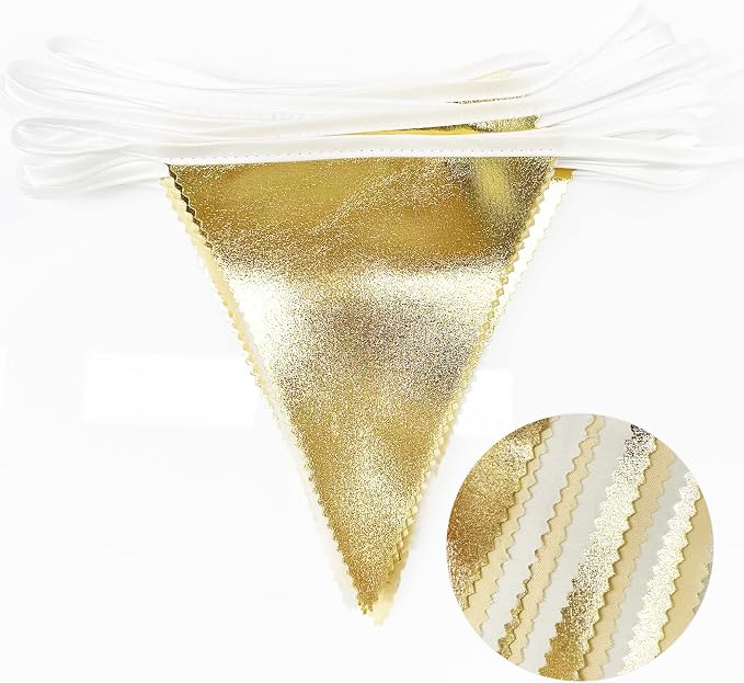 White and Gold Party Decorations Gold Beige White Fabric Triangle Pennant - Image 3
