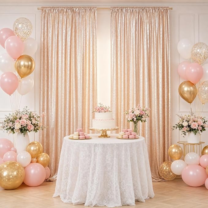 ShinyBeauty Champagne Sequin Backdrop 2 Panels 4x7FT Sequin Curtains | Full - Image 2