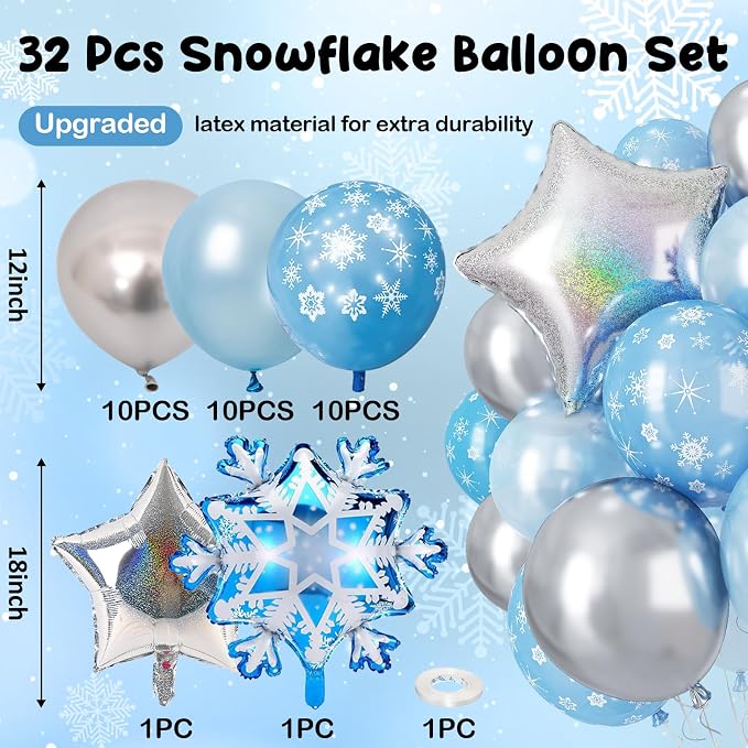 Winter Snowflake Balloons, 12 Pearl Light Baby Blue Silver Latex Balloons - Image 2