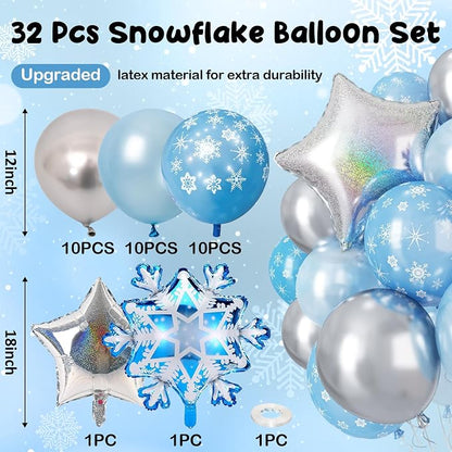 Winter Snowflake Balloons, 12 Pearl Light Baby Blue Silver Latex Balloons - Image 2