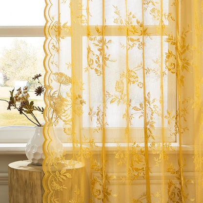 Golden Yellow Lace Curtains 84 Inches Long 2 Panels Country Flower Sheer - Image 5