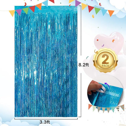 2Pack 3.3x8.3Ft Blue Foil Fringe Streamers Curtain Metallic Foil Tinsel Fringe - Image 3