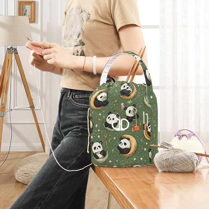 Sage Green Panda Crescents Stars Yarn Bag Small Crochet Bag Drawstring Yarn - Image 6