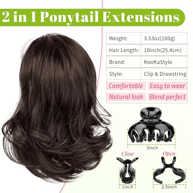 KooKaStyle Ponytail Extension, 10" Short Claw Clip in Pony Tails Hair Extensions Curly Wavy Synthetic Drawstring Ponytail Hairpieces for Women Girls Dark Brown