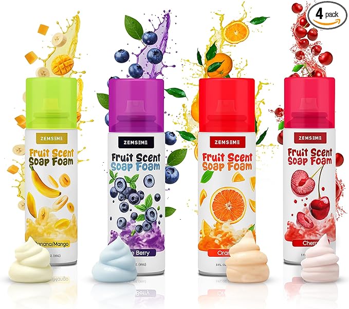 Bath Foam for Kids - 4-Pack Foam Soap for Kids - Soft, Fluffy, Scented Soap - Colorful to Build Fun Bath Art - Easy Spray Nozzles - Cherry, Mango, Blueberry, & Orange -3Oz cans