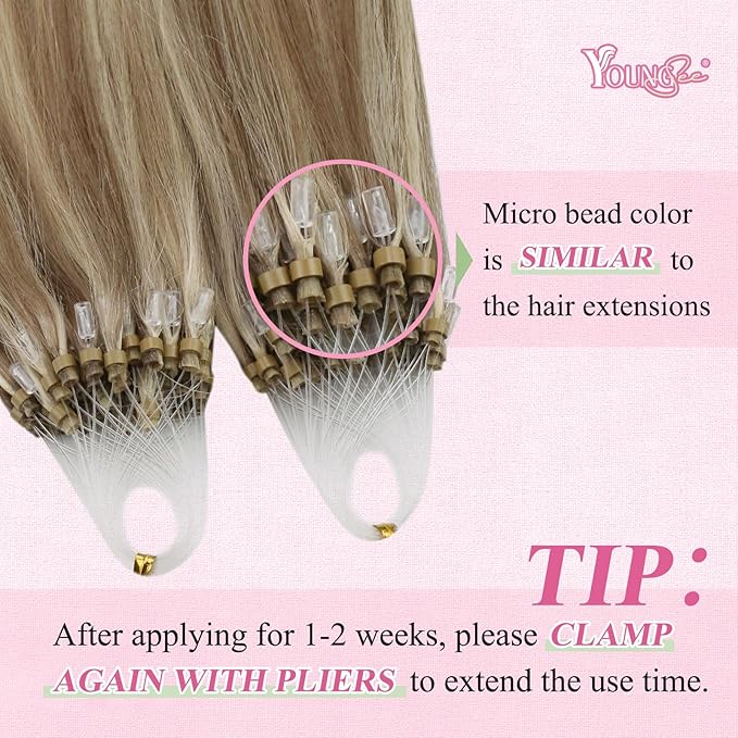 YoungSee Blonde Micro Bead Hair Extensions Human Hair Light Brown Highlight Golden Blonde Micro Loop Hair Extensions Real Human Hair Highlighted Microlink Human Hair Extension 1g/s 50g 16 inch