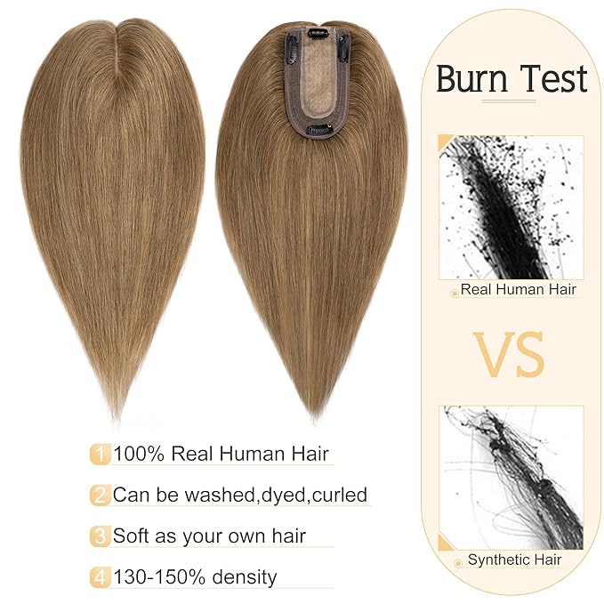 SEGO Human Hair Toppers for Women With Thinning-Hair, 7 * 13CM Silk Base 100% Real Human-Hair Clip in Top Wiglet Hairpieces -14 Inch No Bangs Light Brown