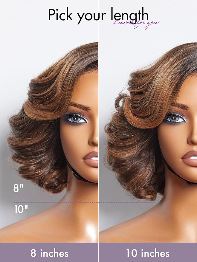 LUVME HAIR 10 Inch Brown Ombre Highlight Bob Wig Human Hair Pre Cut Glueless HD Lace Closure Wigs, Big Curly Mature Boss Left C Parted Wig For Women