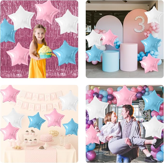 Pink Blue White Star Foil Balloons, 18 Inch Metallic Light Pink Blue Stars - Image 7