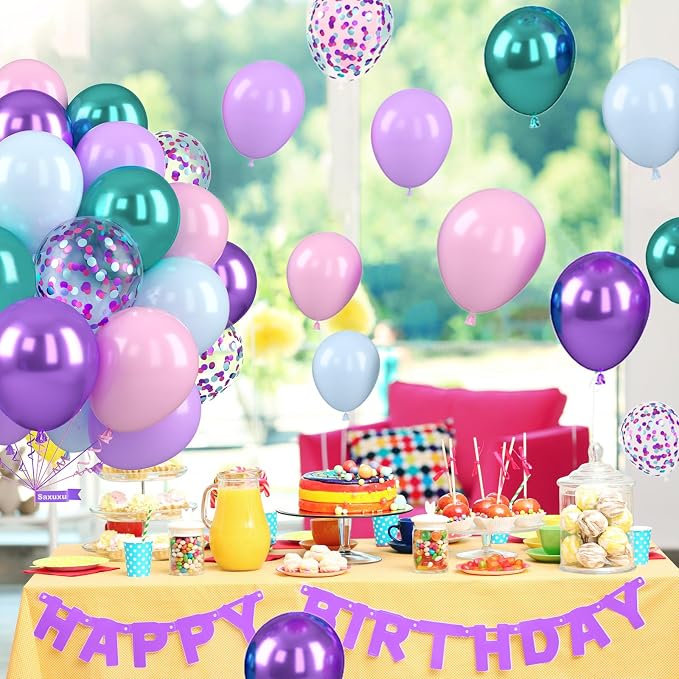 Mermaid Balloons, 12 Inch Pastel Purple and Teal Balloons - Image 4