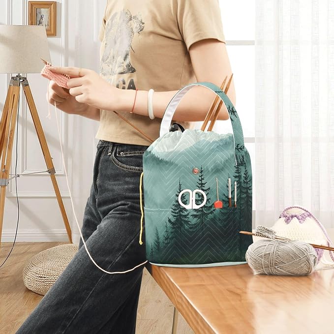 Green Mountains and Pine Trees 3500 Yarn Bag Small Crochet Bag Drawstring Yarn - Image 6