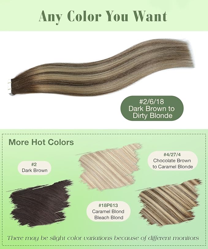 SURNEL Tape in Hair Extensions Human Hair 20 inch 2 Dark Brown Fading to 6 and 18 Ash Blonde Tape in Hair 20 pcs 50g(#2/6/18-20)