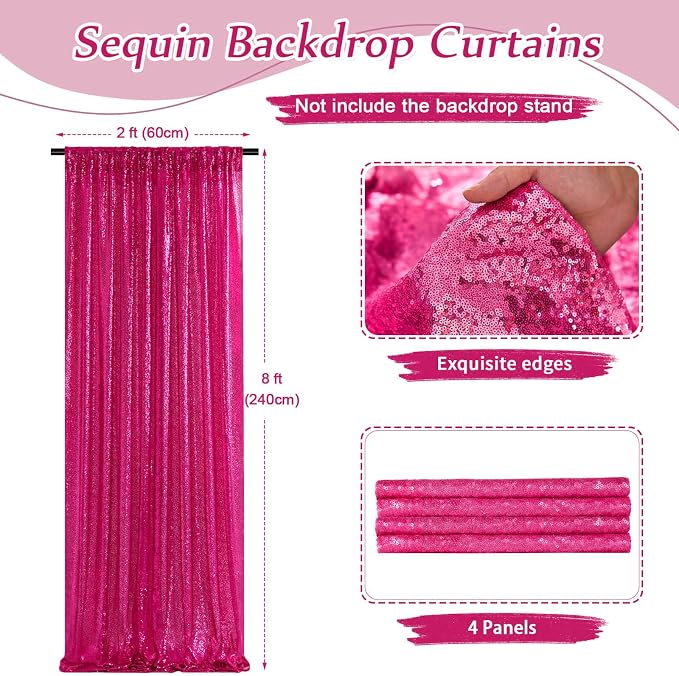4 Pieces 2FTx8FT Fuchsia Sequin Backdrop Curtain Panels Stage Backdrop - Image 4