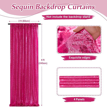 4 Pieces 2FTx8FT Fuchsia Sequin Backdrop Curtain Panels Stage Backdrop - Image 4