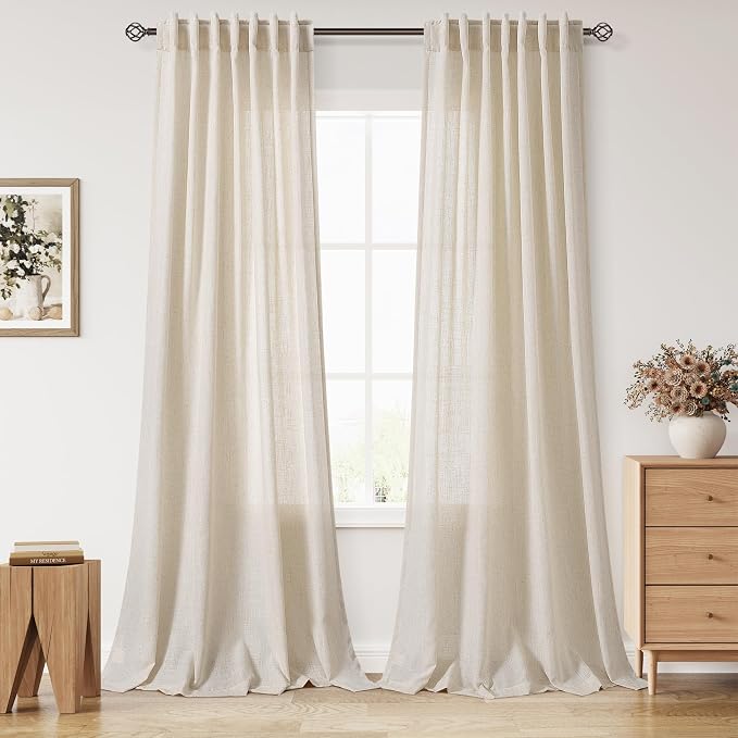 Cream Beige Linen Curtains for Living Room 98 Inches Long Light Filtering Semi by Nanspring