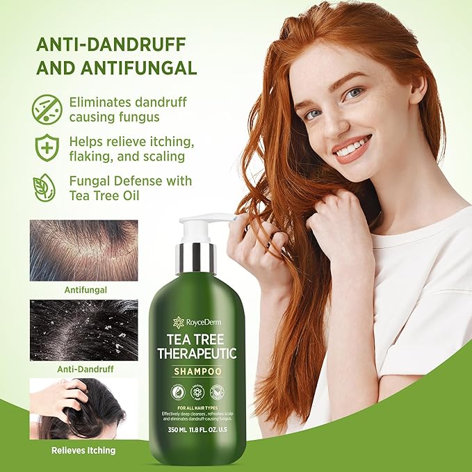 Roycederm Tea Tree Antifungal Scalp Care Set – Pre-Shampoo Scrub + Tea Tree Antifungal Shampoo + Hydrating Conditioner – Itchy & Dry Scalp Relief, Dandruff & Folliculitis Treatment