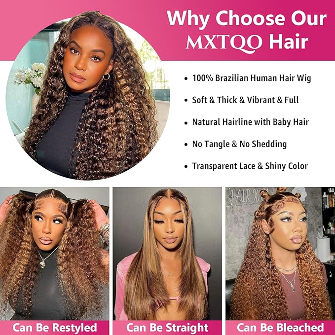 30 Inch Honey Blonde Deep Wave Lace Front Wigs Human Hair 200 Density 13x6 HD Lace Front Wigs Ombre Human Hair Wig Glueless P4/27 Highlight Wig for Women Pre Plucked with Natural Hairline