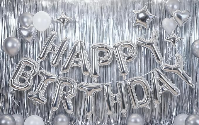Silver Happy Birthday Banner Balloon Aluminum Foil 16 Inch Letter, 10 Inch Five - Image 4